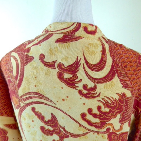 CITRON Santa Monica gold red KOI FLORAL SILK mandarin short sleeve maxi Dress M - Picture 5 of 6